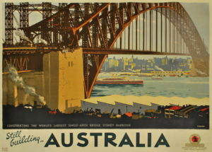 Percy Trompf Constructing the world’s largest single-arch bridge, Sydney Harbour, c1931, colour litho,101.2 x127cm. Courtesy Josef Lebovic Gallery, Sydney