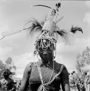 A Benabena dancer with headdress as worn by widows/ widowers, 1977 Goroka Show. Image courtesy AGNSW