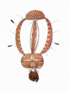 Gaheisi ceremonial dance banner. Kaveve village, Goroka District, Alekano people. Barkcloth stretched over bamboo and rattan frame, edges outlined with white feathers, red and black natural dyes. 238.8x121.9x55cm Coll: AGNSW, Gift of Stan Moriarty 1978
