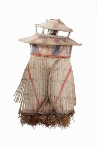 2.Rimbu headdress Kagua-Erave District, Southern Highlands Province, Papua New GuineaKewa people, coil woven rattan, bamboo, plant fibres, metal '7UP' drink can, white clay, red and blue pigments 77x48x45cm Coll: AGNSW, Gift of Stan Moriarty 1977