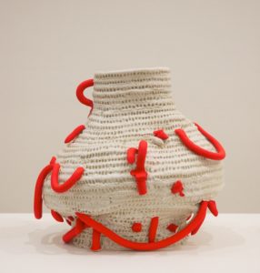 Glenn Barkely Fat basket pot with fluoro extrusions. 2014. clay. 28x31x26cm. Image courtesy the artist and Utopia Art Sydney