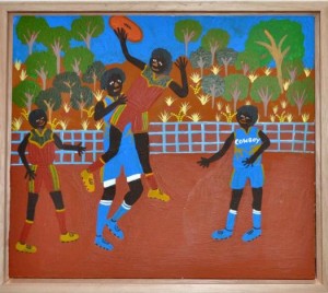 Louise Daniels Sports weekends at Laramba, playing papunya acrylic on metal 24x21cm. Image courtesy the artist and Aboriginal and Pacific Art Gallery, Sydney