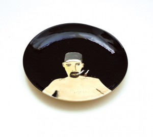 Noel McKenna A hairy work of art 2009 painted ceramic plate dia 18.5cm. Image courtesy the artist and Darren Knight Gallery, Sydney