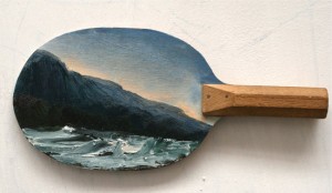 Paul Ryan Ping pong landscape  2014. oil on vintage ping pong bat. Image courtesy the artist and Olsen Irwin